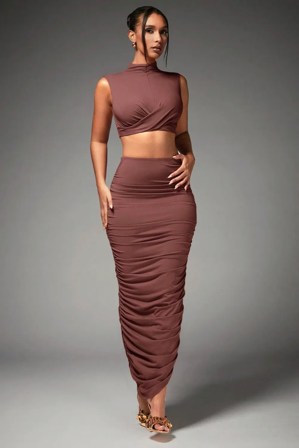 BAE Women's Mock Neck Pleated Crop Top And Skirt Set