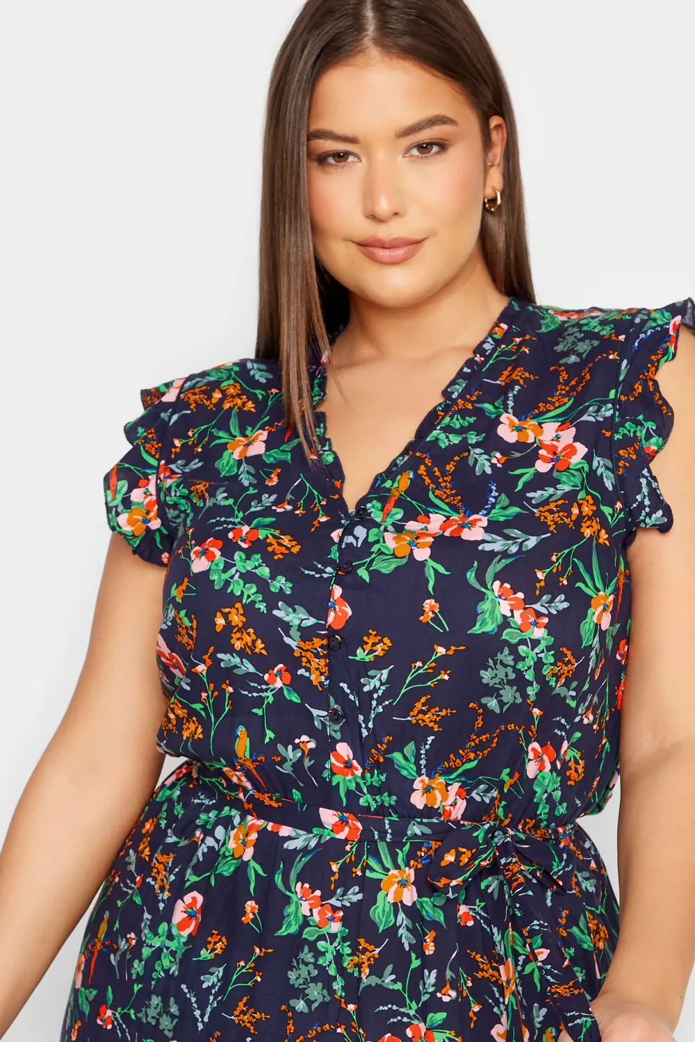 LTS Tall Navy Blue Floral Print Frill Sleeve Maxi Dress