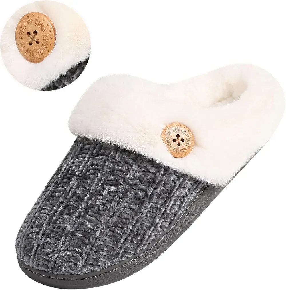 Warm Knit House Slippers for Women Comfy Wool-Like Lined Chenille Slippers with Memory Foam and Indoor Outdoor Soles