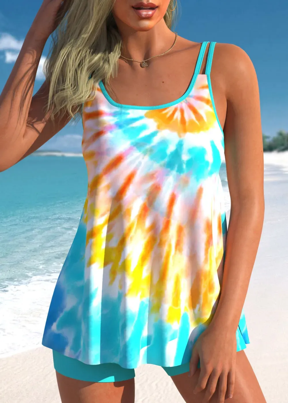 Cyan Tie Dye Print Ombre Swimdress and Shorts