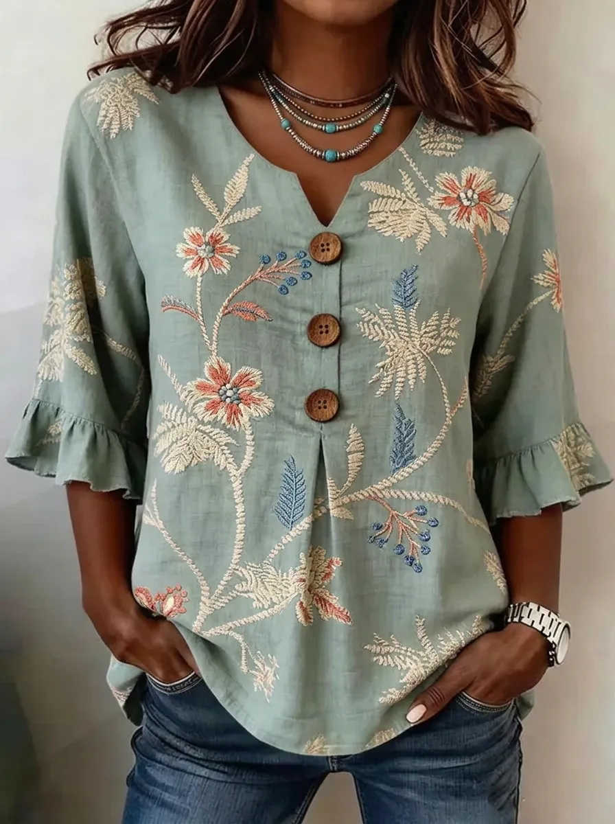Women's Nashville Floral Embroidered Button-Down Ruffle Top