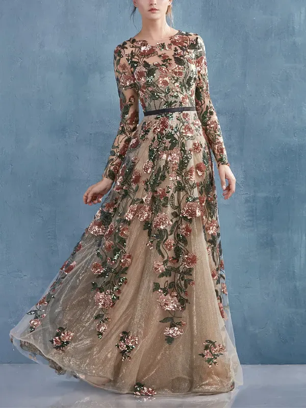 Lace Long Sleeve Printed Maxi Dress