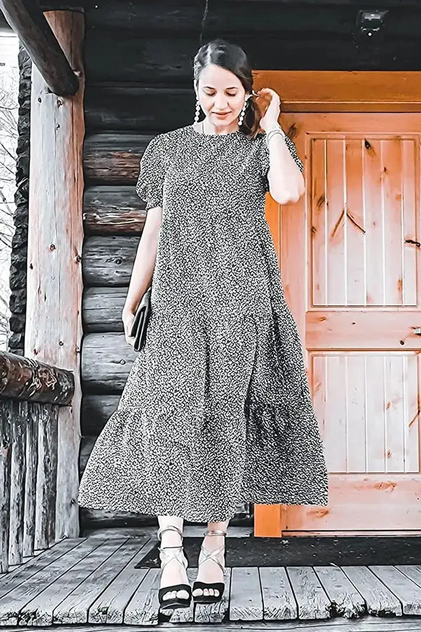 Floral Print Ruffle Puff Sleeve High Waist Midi Dresses