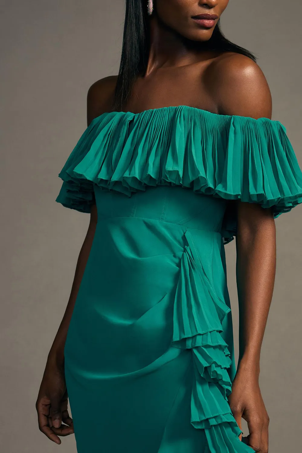 Hutch Off-The-Shoulder Ruffled Column Dress