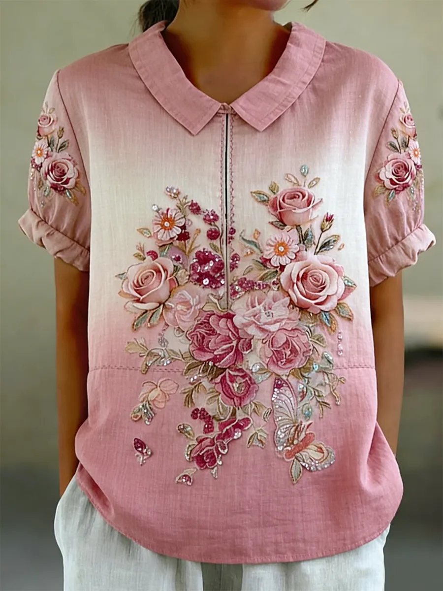 women's Rose Flower Pearl Embroidered Art Pattern Linen Blended Short Sleeve Top