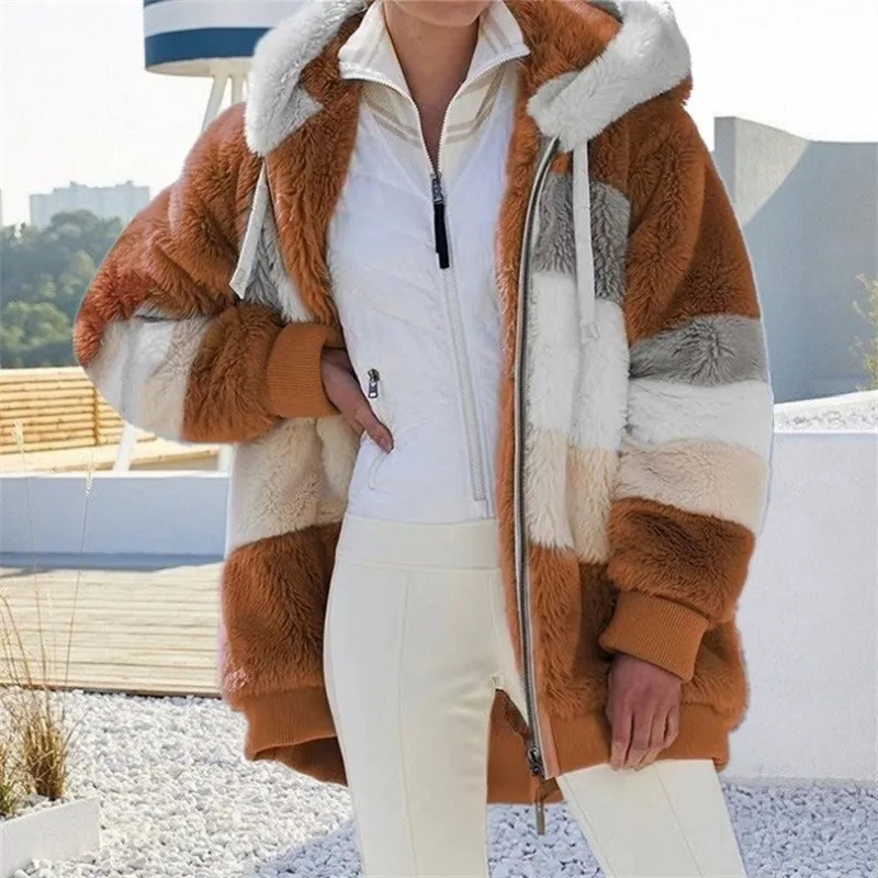 Contrast Plush Drawstring Hooded Jacket