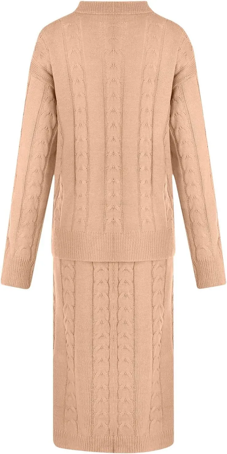 Women 2 Piece Outfits Knitted Sweater Tops and Long Skirt Turtleneck Long Sleeve Bodycon Dress Set Chunky Cable Knit
