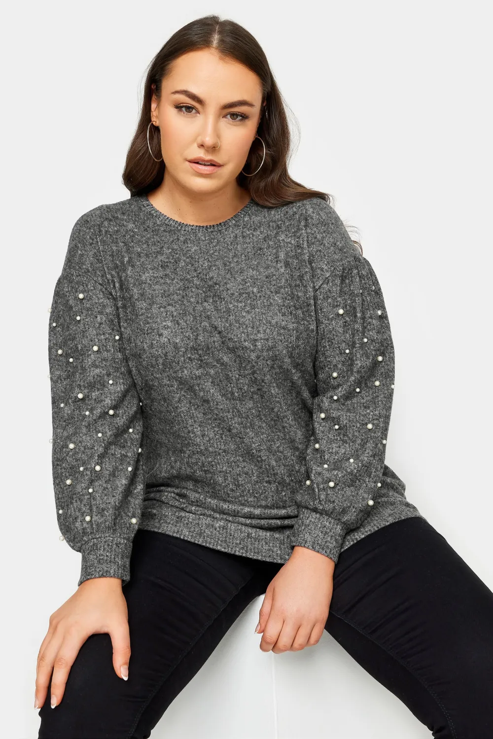 YOURS Curve Grey Pearl Embellished Soft Touch Sweatshirt