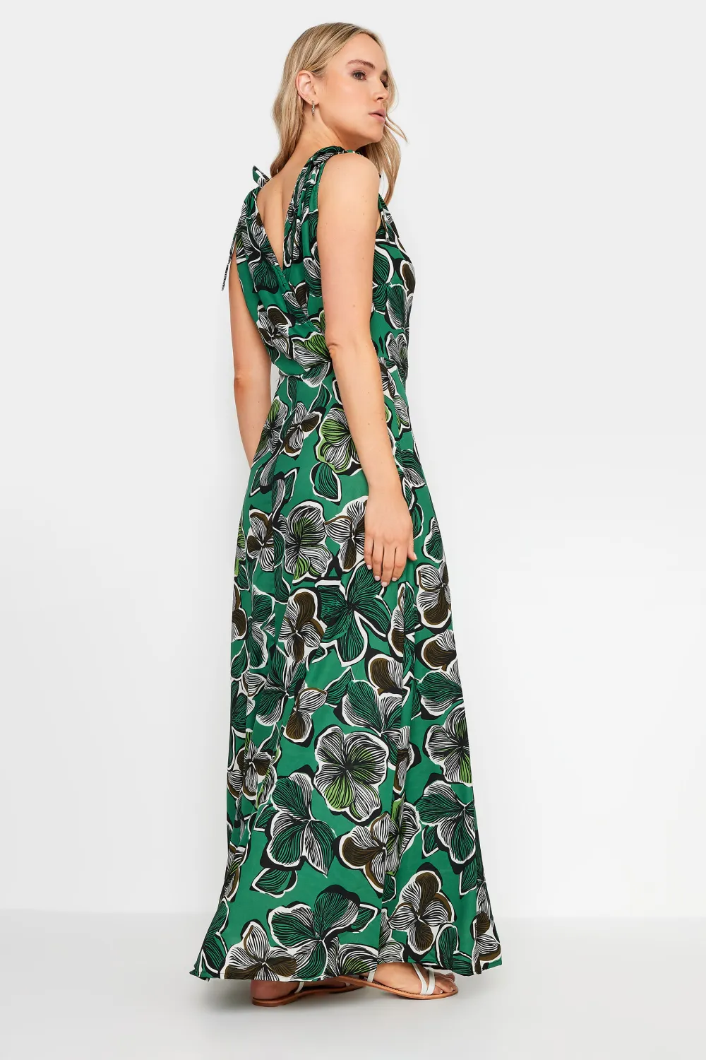 LTS Tall Green Tropical Print Shoulder Tie Maxi Dress