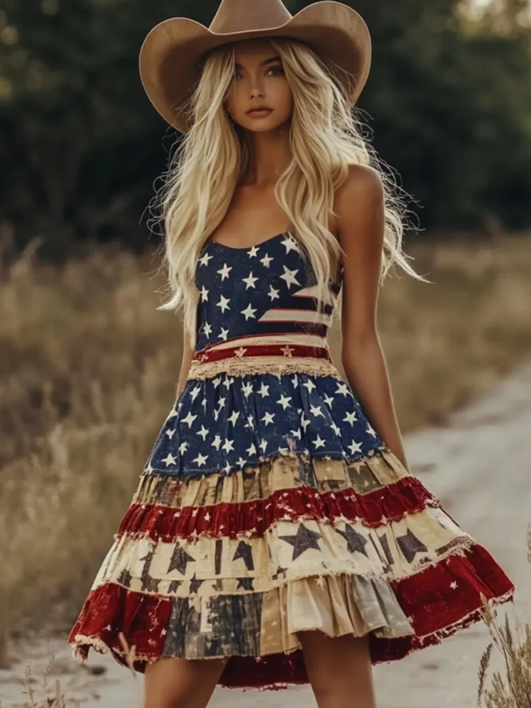 Women's Retro Independence Day Patchwork American Flag Art Casual Linen Midi Dress