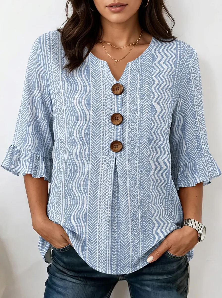 Women's Nashville Travel Geometric Pattern Printed Button V-Neck Top