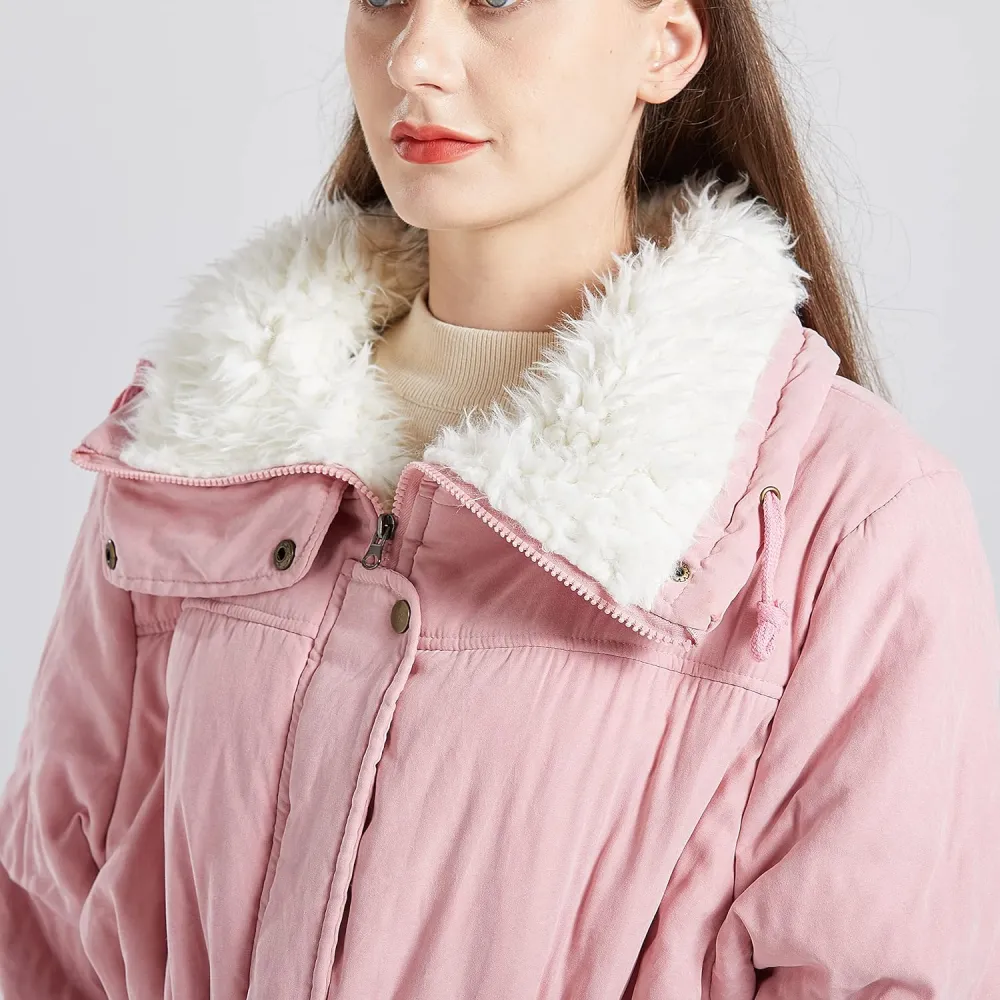 Women's Winter Mid Length Thick Warm Faux Lamb Wool Lined Jacket Coat