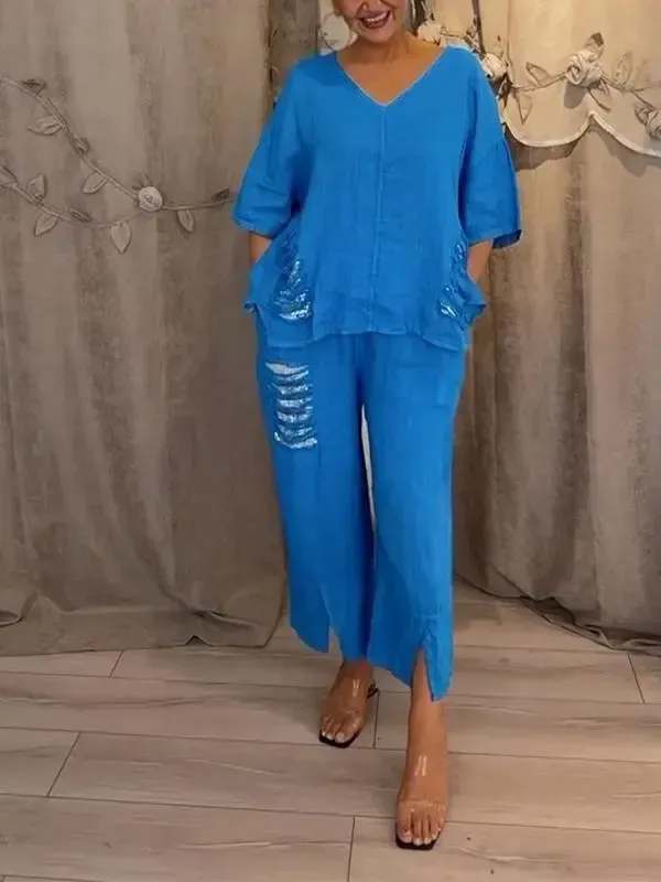 Women's V-neck Sequined Cotton and Linen Two-piece Suit