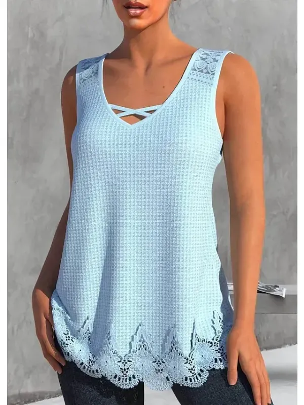 Women's Tank Top White Blue Plain Lace Sleeveless Casual Basic V Neck Regular S