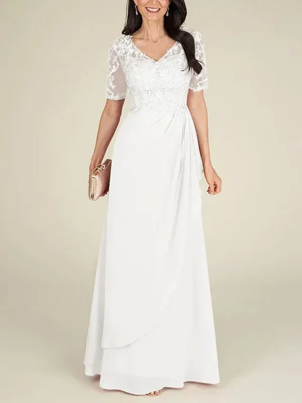 Floor-to-ceiling chiffon lace back zip bridal mom dress