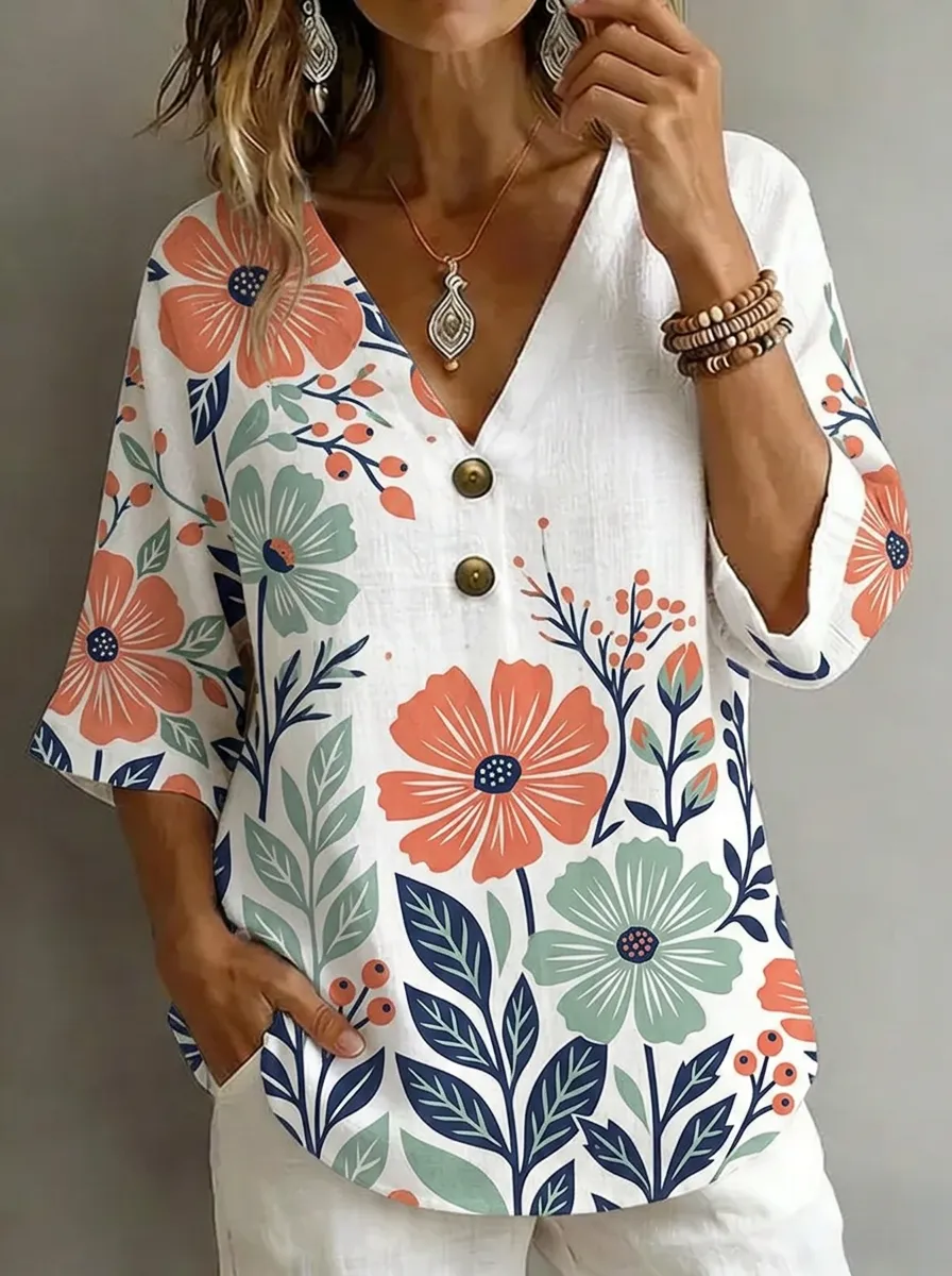 Women's Nashville Floral Botanical Printed V-Neck Button Top