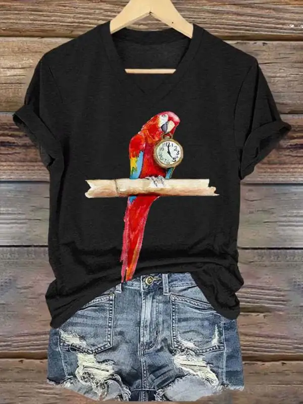 Women's 5 O'clock Parrot Print V Neck T-shirt