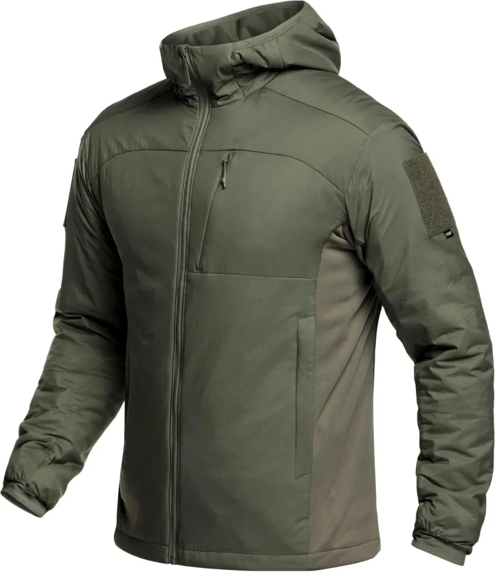 Men's Insulated Hooded Tactical Jacket, Lightweight Mid-Layer Warm Hoodie, Water Resistant Full Zip Hiking Work Coat