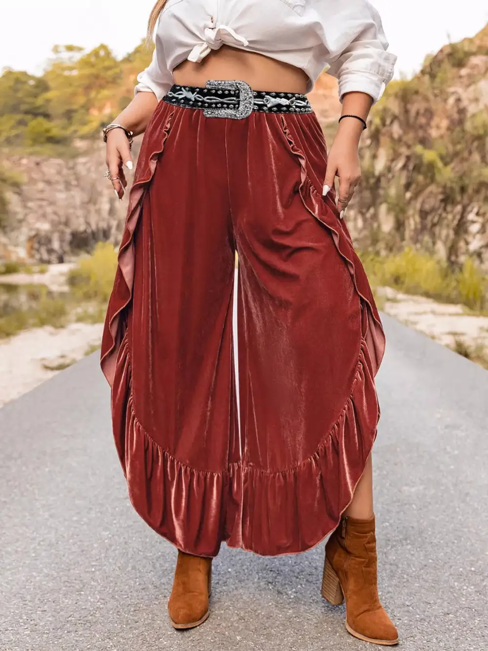 Relaxed Plus Size Velvet Ruffle Hem Wide Leg Pants