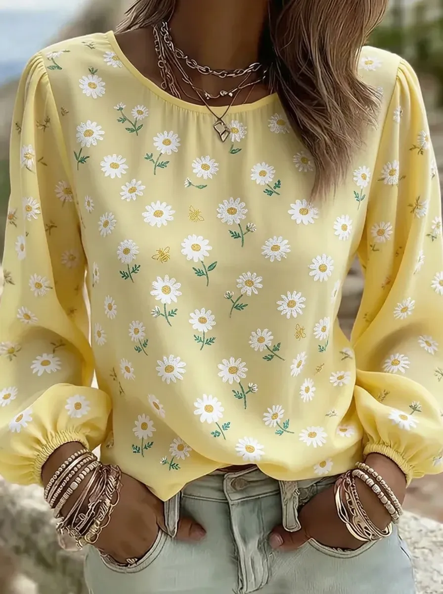 Women's Nashville Daisy Floral Bee Printed Long Sleeve Top