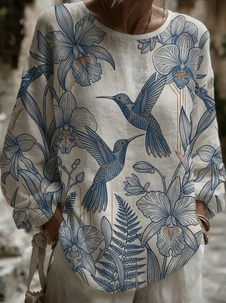 Women's Nashville Nature Hummingbird Orchid Printed Top