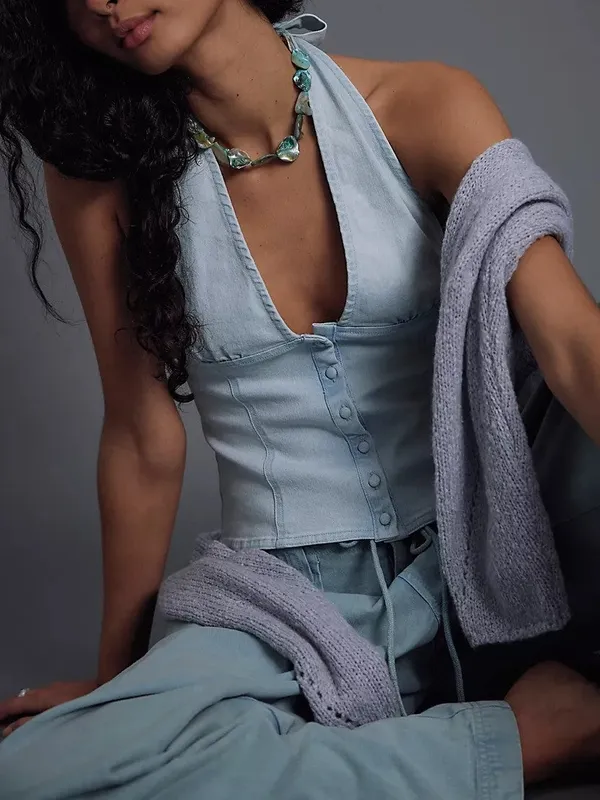 Denim Halter Button Front Top