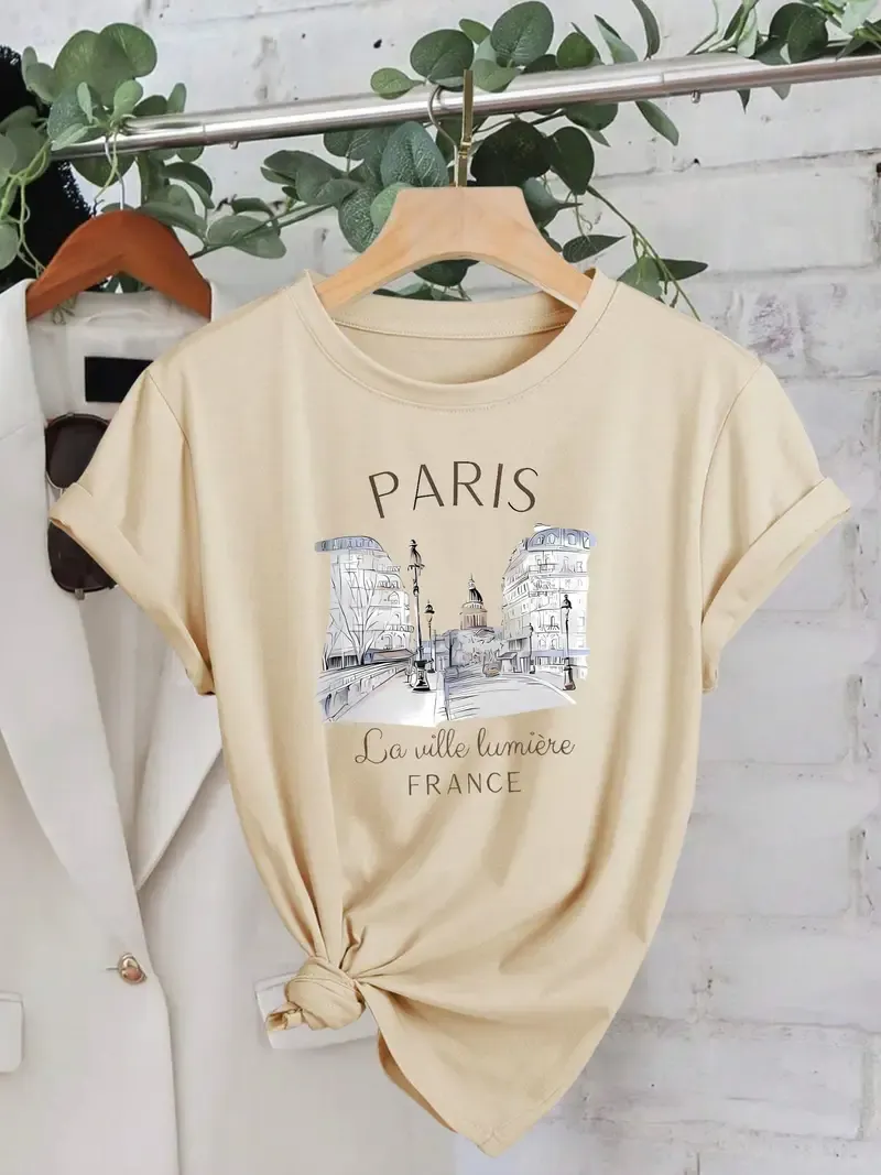 Women's Paris Print Casual Summer Crew Neck Short Sleeve T-Shirt