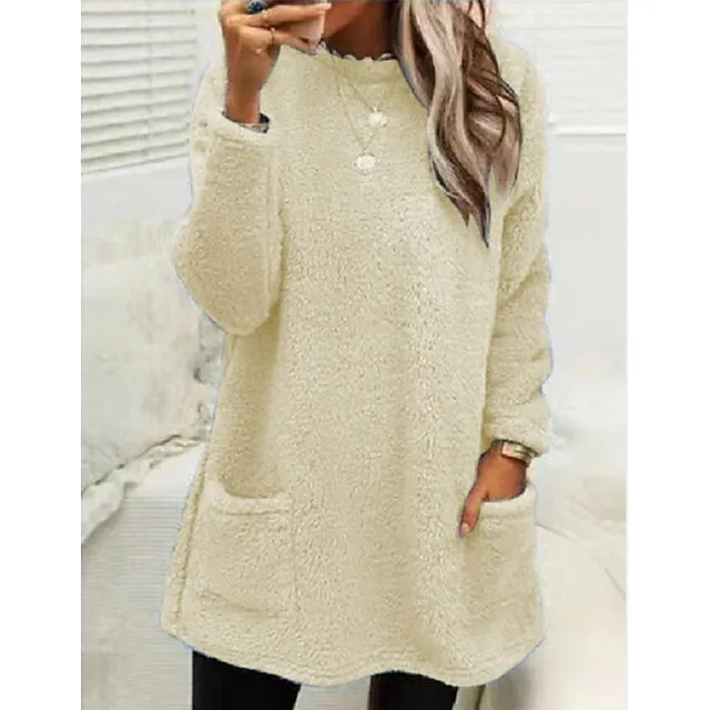 Women's Sweatshirt Pullover Sherpa Fleece Teddy Pocket Marron Black Blue Solid Color Street Casual Round Neck Long Sleeve Fleece S M L XL 2XL 3XL