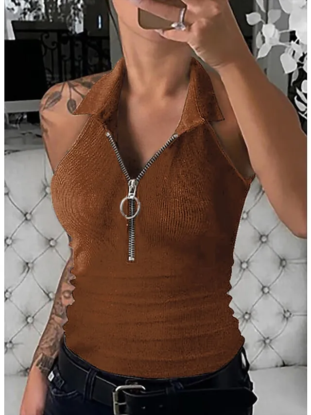 Women's Shirt Tank Top Plain Black Wine Blue Quarter Zip Sleeveless Daily Weekend Streetwear Casual Shirt Collar Regular Fit