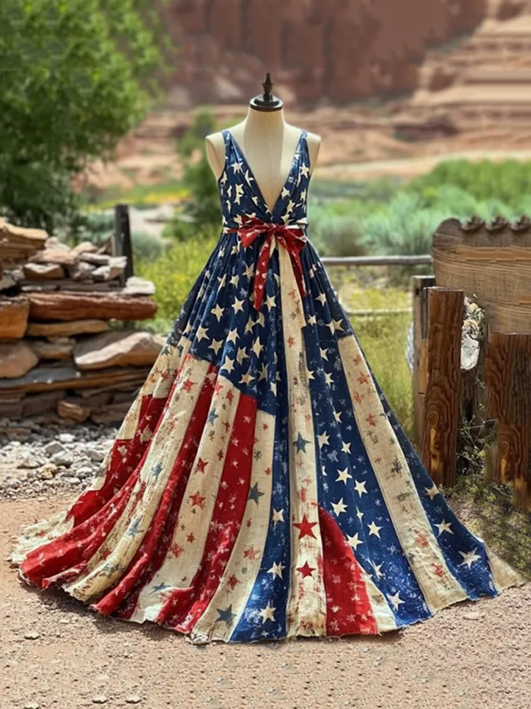 Women's Vintage Independence Day Flag Sleeveless Maxi Dress