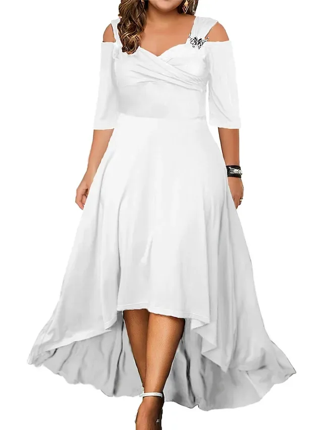Women‘s Plus Size Curve Party Dress Swing Dress Formal Dress Solid Color Midi Dress Half Sleeve Hollow Out Plus High Low V Neck Elegant Party Black White Summer Spring L XL XXL 3XL 4XL