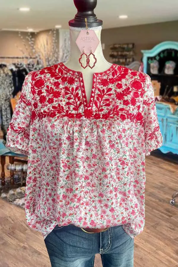 Mixed Floral Embroidered V-Neck Top