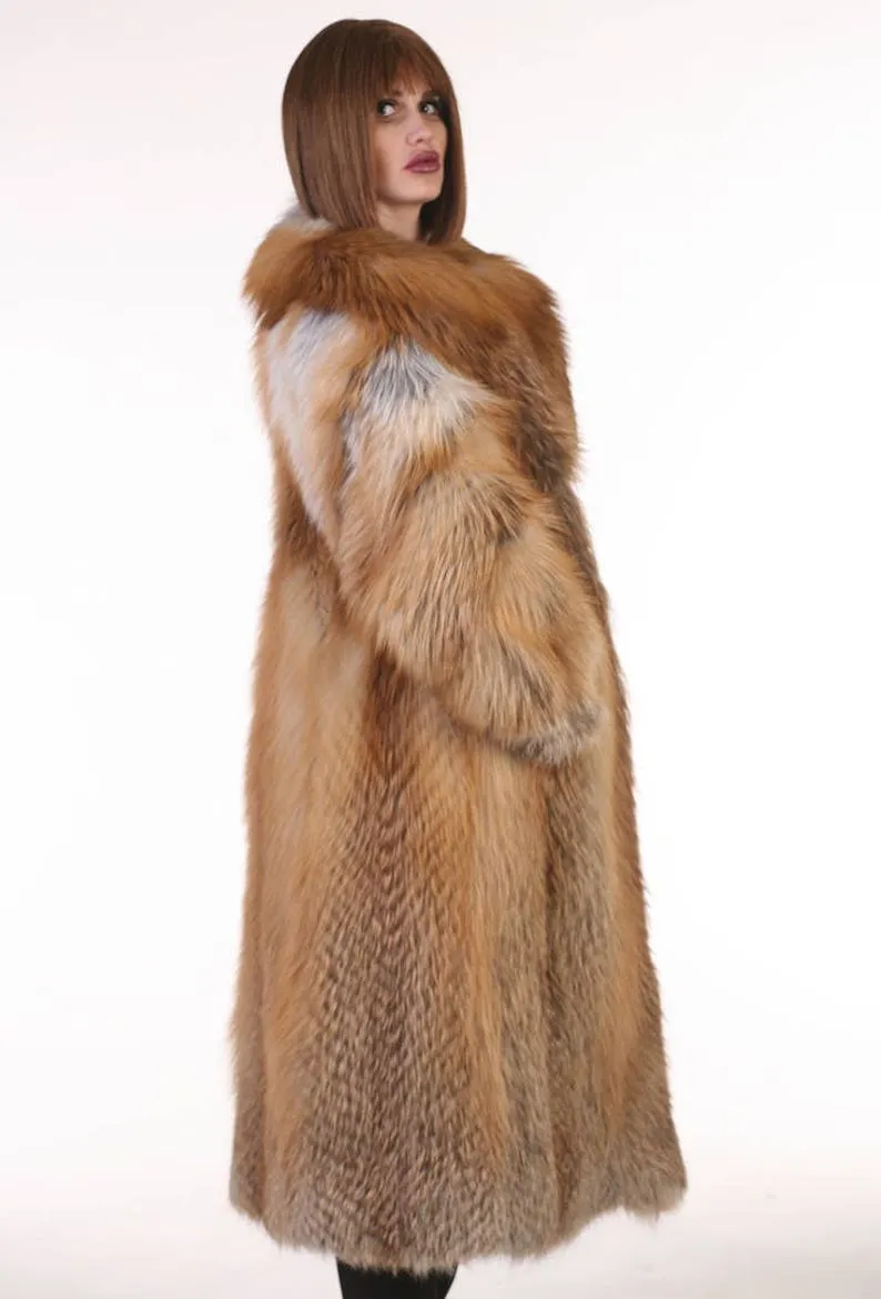 Full Length Red Fox Fur Coat Hooded