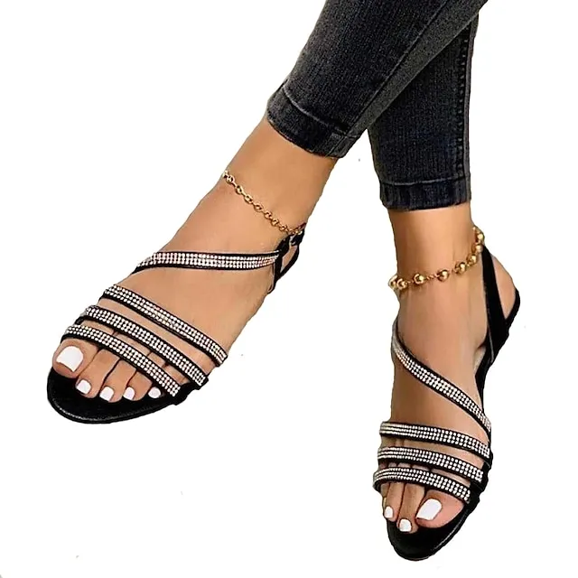 Women's Sandals Boho Bohemia Beach Sparkly Sandals Daily Summer Rhinestone Flat Heel Open Toe Casual Faux Leather Loafer Black Silver Gold