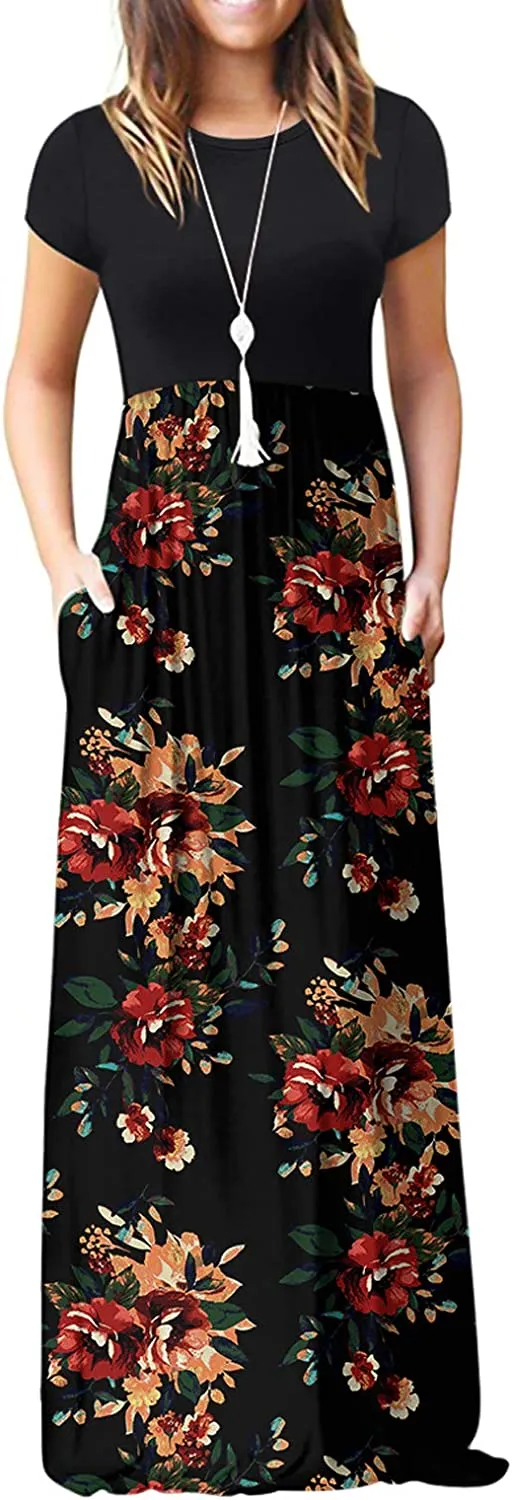 Women's Short Sleeve Loose Plain Maxi Dresses Casual Long Dresses with Pockets