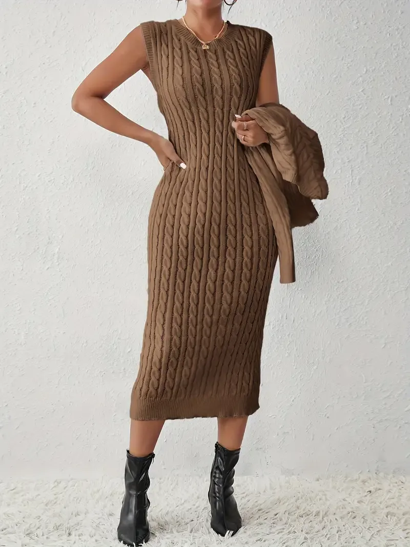 able Knit Solid Two-piece Set, Button Front Long Sleeve Tops & Crew Neck Sleeveless Dress Outfits - Cozy & Stylish - For Women - Perfect for Fall/Winter - Ideal Gift for Fashionable Ladies