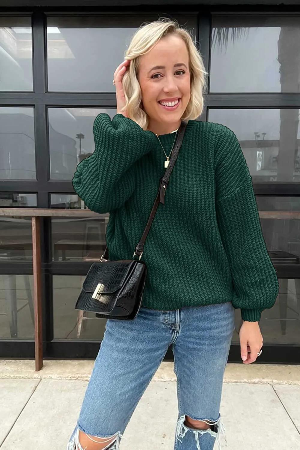 Women's Crew Neck Loose Drop Shoulder Lantern Sleeve Casual Solid Color Knit Pullover Sweater