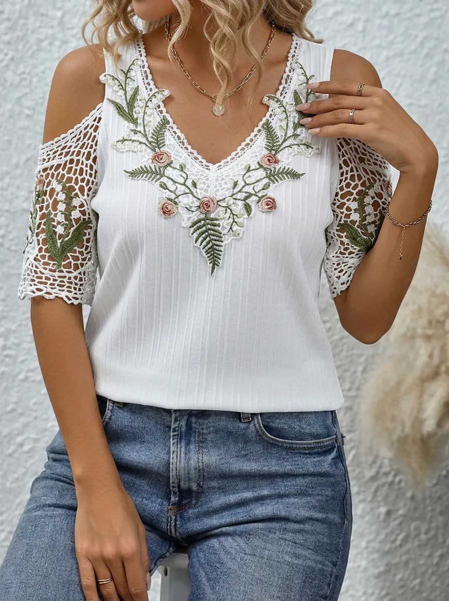 Women's Nashville Floral Embroidery Cold Shoulder Crochet Top