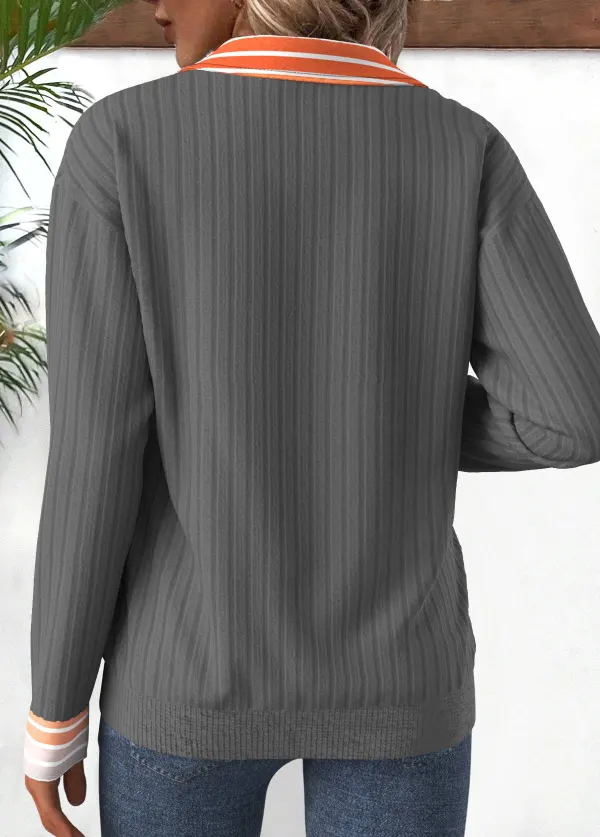 Orange Patchwork Striped Long Sleeve Turn Down Collar Sweatshirt