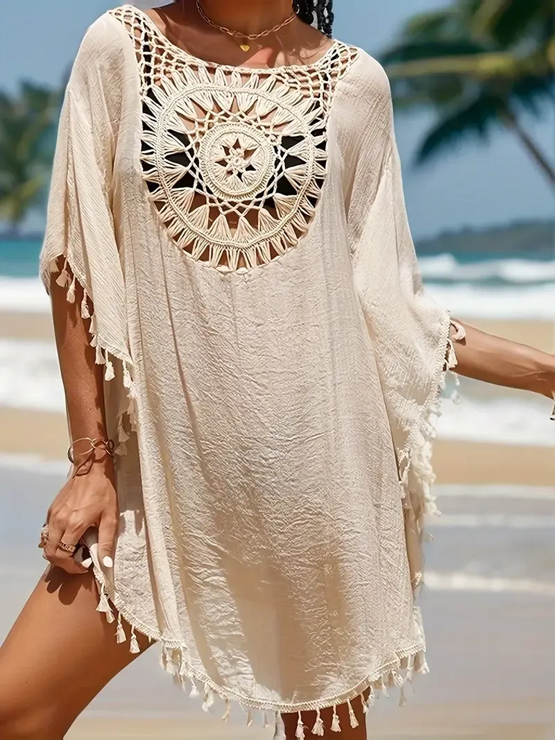 Tassel Decor Cover Up Dress, Round Neck Loose Fit Crochet Decor Beach Kaftan, Women's Swimwear & Clothing for carnival & Music Festival For Holiday