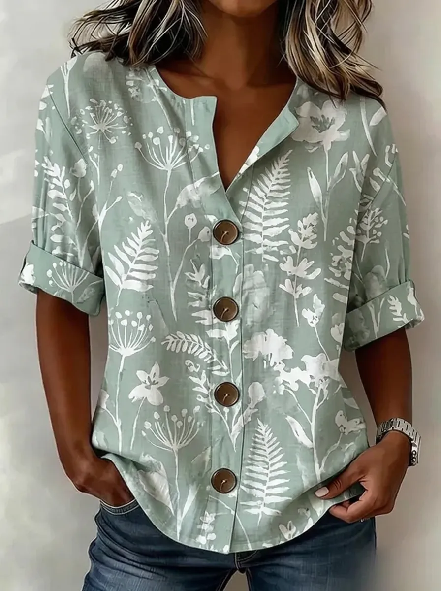 Women's Nashville Botanical Fern Floral Printed Button-Up Shirt