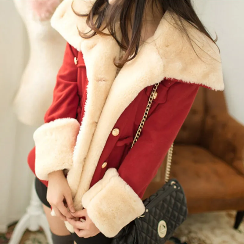 Faux fur trim notch collar double-breasted coat