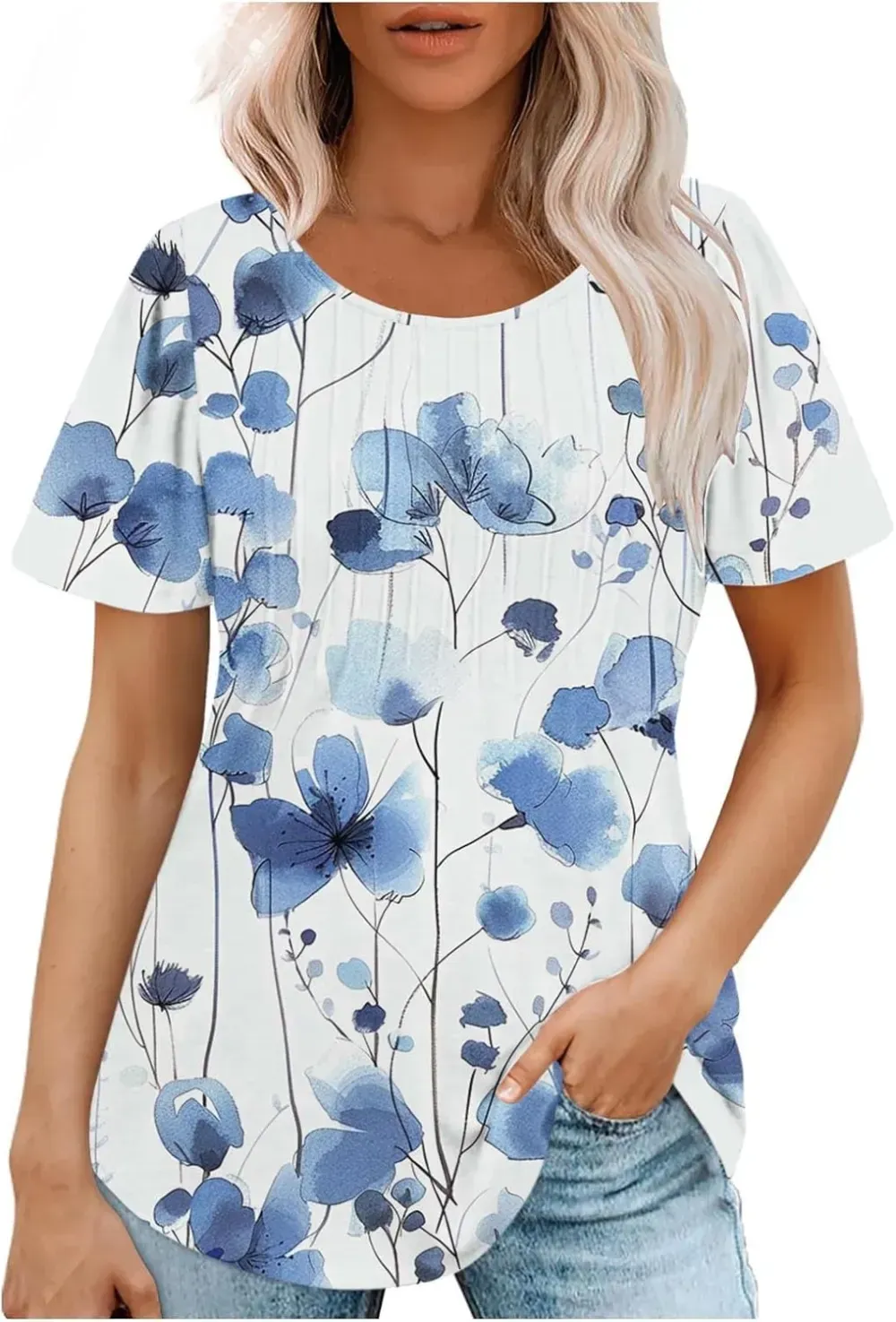 Womens Summer Pleated Front Shirts Tunics Casual Short Sleeved Loose Round Neck Boho Printed Tops Vacation Blouse