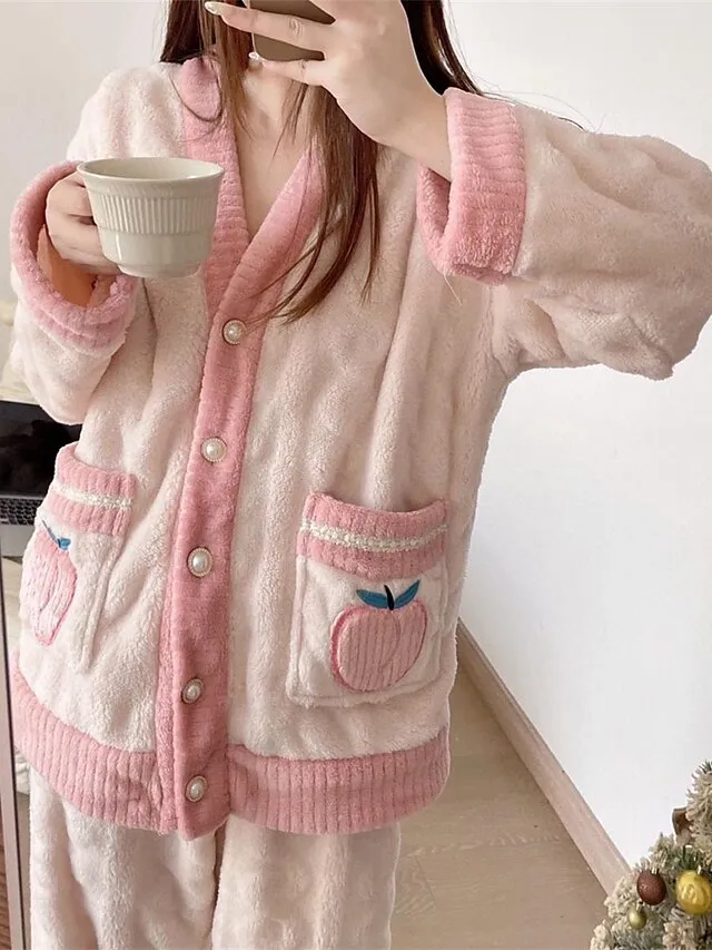 Women's Fleece Fluffy Fuzzy Warm Pajamas Sets Fruit Fashion Casual Comfort Home Daily Bed Flannel Warm V Wire Long Sleeve Cardigan Pant Button Pocket Fall Winter Pink Red