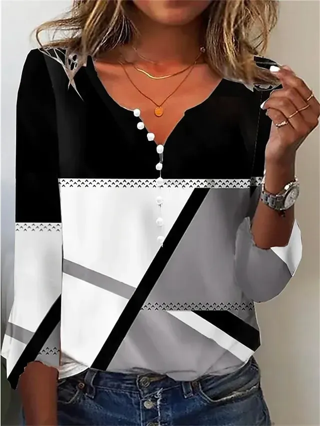 Women's T shirt Tee Black Color Block Button Print Long Sleeve Daily Weekend Basic V Neck Regular Painting S