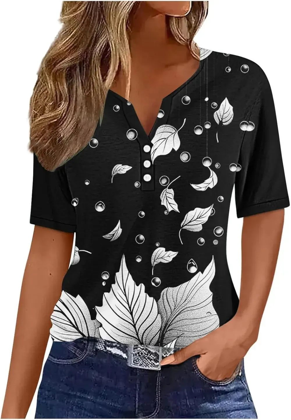 Shirts for Women Casual Printed Summer Tops Short-Sleeved Button V-Neck Tops Blouse Fashion Boho T-Shirts