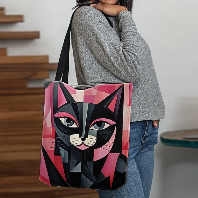 Women's Tote Shoulder Bag Canvas Tote Bag Polyester Oxford Cloth Shopping Holiday Print Large Capacity Foldable Lightweight Cat Black / Red Custom Print Light Pink