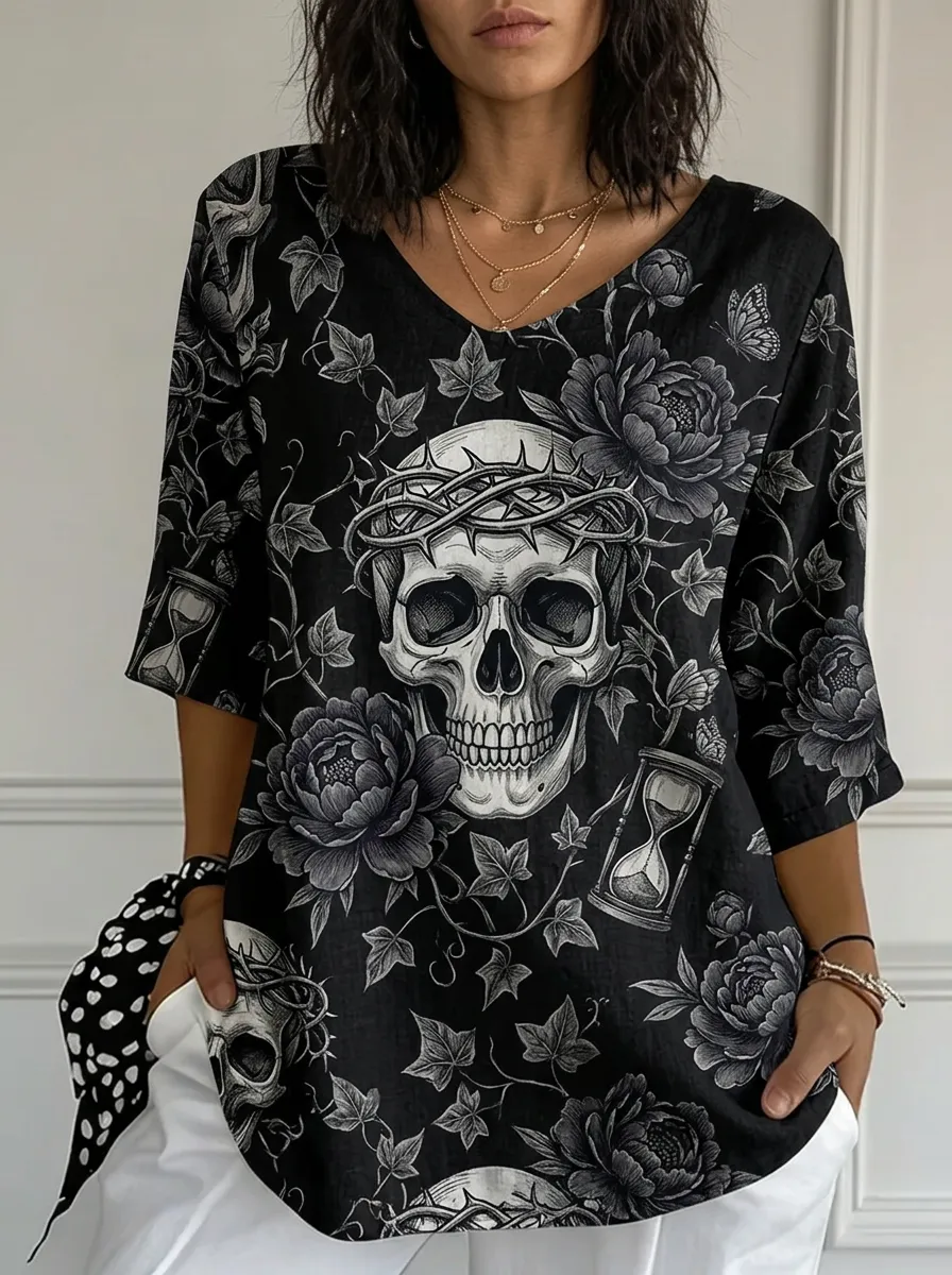Women's Gothic Skull Floral Hourglass Printed Top