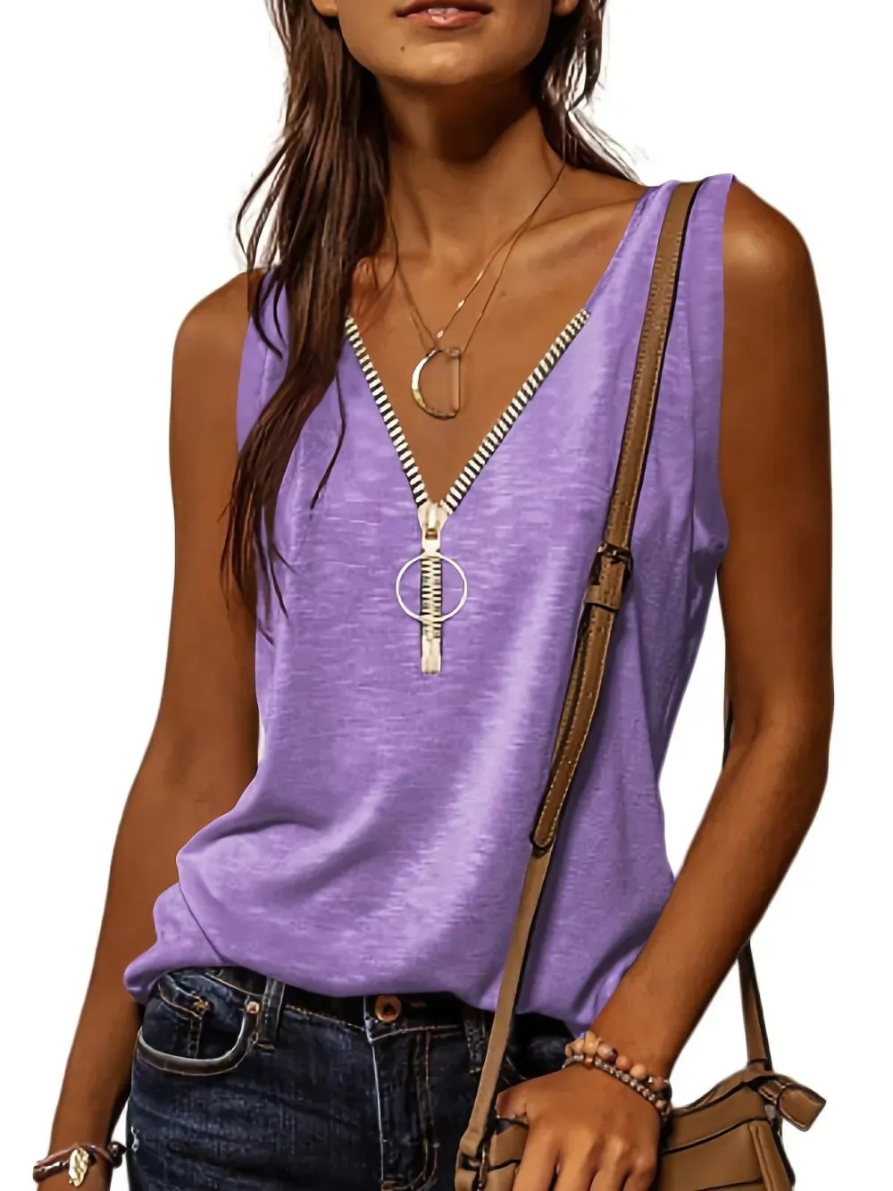 Casual V-neck Zipper Cami Top, Solid Fashion Sleeveless Loose Summer Fit Tank Top, Women's Clothing