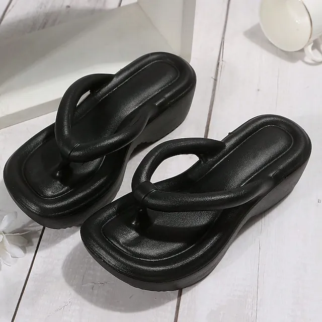 Women's Sandals Slippers Flip-Flops Wedge Heels Flip-Flops Outdoor Slippers Outdoor Beach Summer Flat Heel Elegant Casual Minimalism EVA Loafer Solid Color Black White Fuchsia